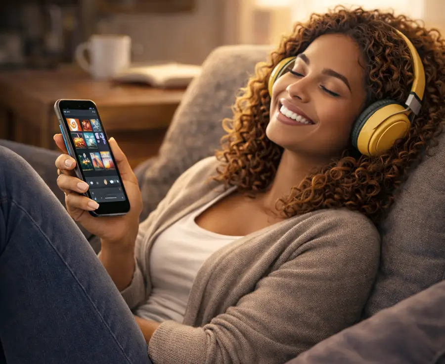 FlexPass member enjoying audiobooks on her phone