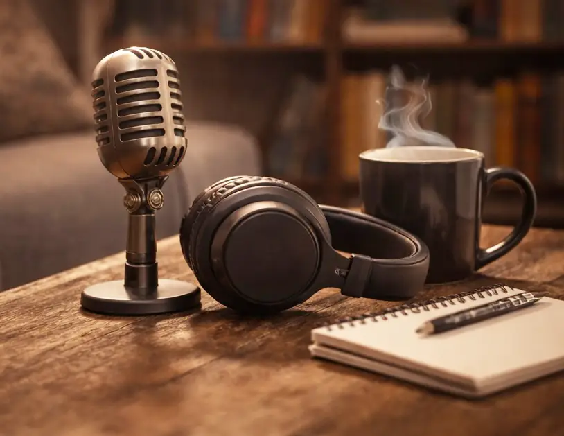Podcast listening setup with microphone, headphones and coffee