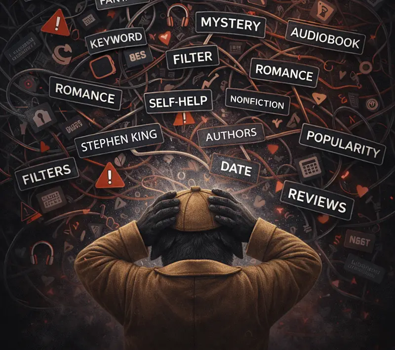 Frustrated person overwhelmed by endless search filters and confusing audiobook categories