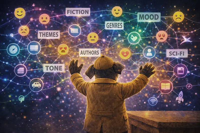 Scout orchestrating a vast network of interconnected content nodes, analyzing themes, emotions, and connections to find perfect audiobook matches