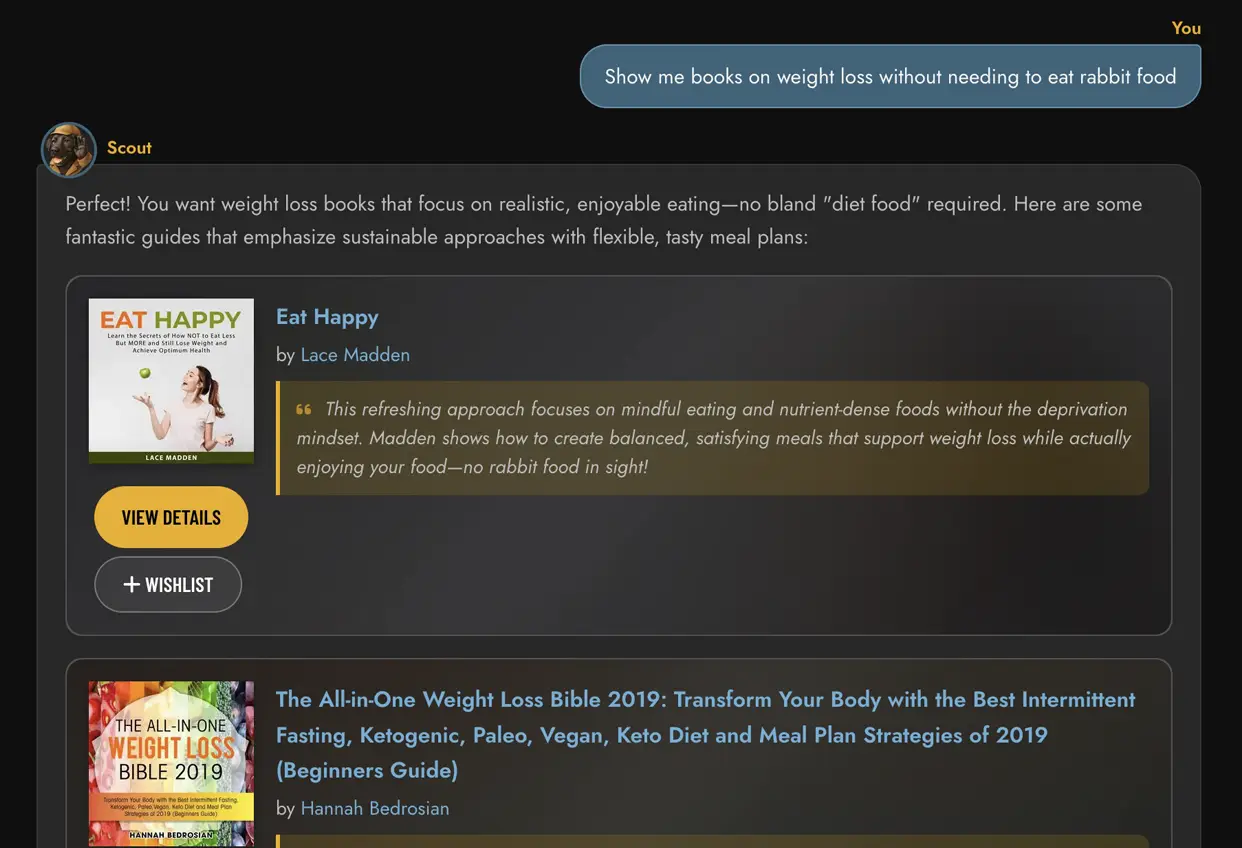 Scout's response showing personalized audiobook recommendations with cover images, a carousel of matching titles, and a conversational explanation of why each book fits your request