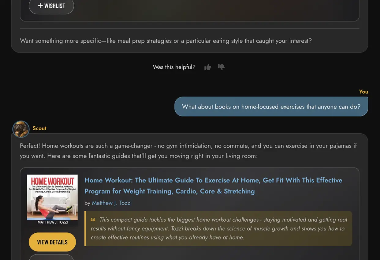 Scout conversation showing a follow-up question where the user asks for more details about a recommended book, demonstrating the natural back-and-forth dialogue